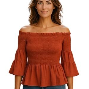 Papillon Top, shirred, off the shoulder, boho, smocked, paprika, sz L